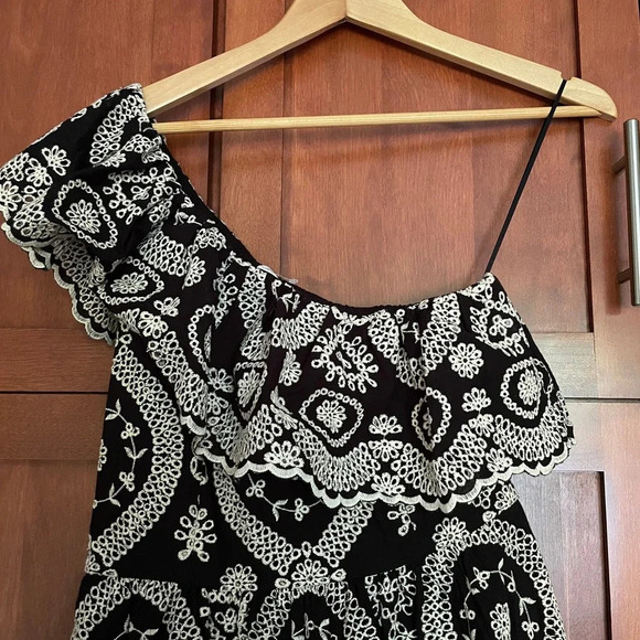 LoveShackFancy Pamela Dress One Shoulder Eyelet Lace Black Tan Size Small - Picture 5 of 11